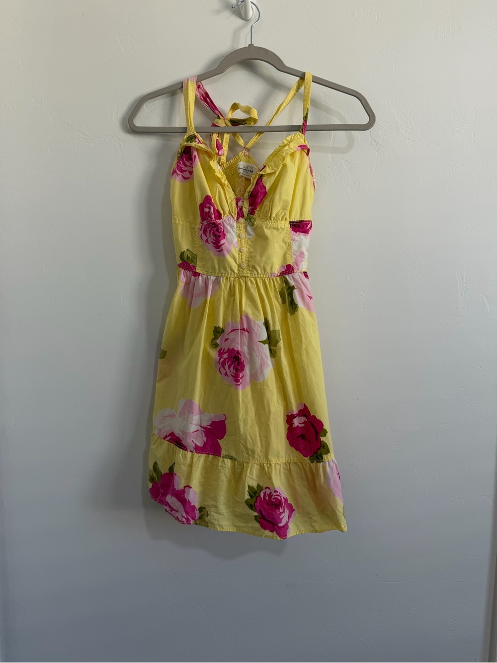 Vintage Abercrombie & Fitch Yellow Floral Tie Strap Mini Dress Y2K Medium